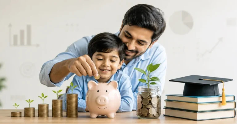 A father and child saving money together with a piggy bank, growing stacks of coins, and books with a graduation cap, symbolizing financial planning, mutual funds and investing for a child’s future especially minor.