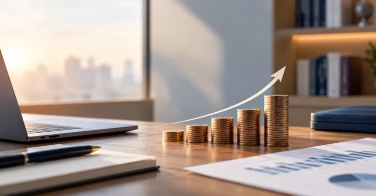 A financial growth concept featuring rising stacks of coins, an upward arrow, a laptop, and financial reports on a desk in a modern office, symbolising investment growth and financial planning.