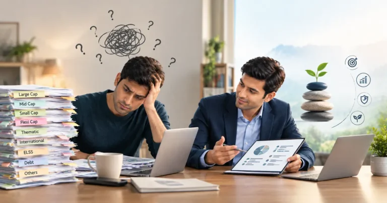 A mutual fund investor sits overwhelmed beside a large stack of investment documents labelled Large Cap, Mid Cap, Small Cap, Flexi Cap, Thematic, International, ELSS, Debt and Others, with question marks and a confused scribble above him. Beside him, a financial consultant reviews a portfolio chart and helps organize the investments, representing the transition from a complicated, overlapping mutual fund portfolio to a clearer and more structured portfolio.