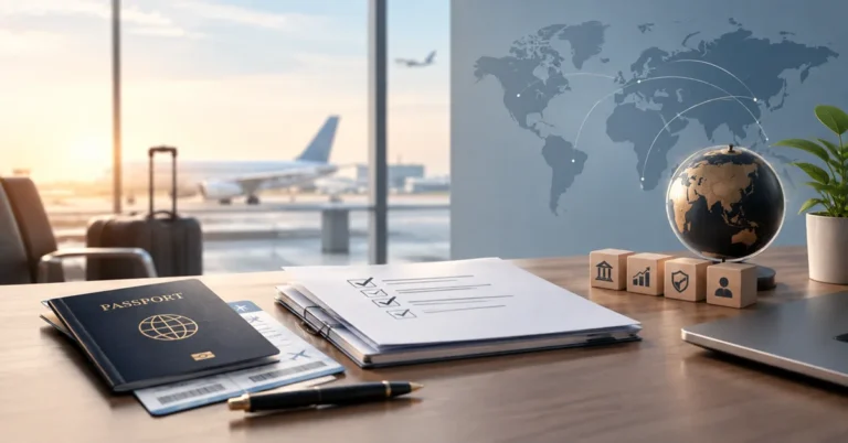 A passport, travel documents and a checklist folder sit on a desk beside a globe, laptop and financial planning symbols, with an airport and airplane visible in the background. The image represents the documentation, tax residency, international banking and compliance requirements involved when an NRI invests in mutual funds in India.