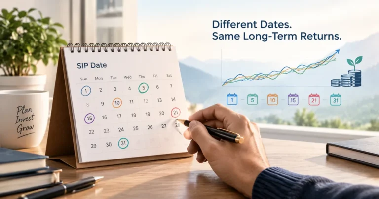 A calendar with multiple SIP dates highlighted - 1st, 5th, 10th, 15th, 21st and 31st - beside a long-term investment growth chart showing similar performance across different dates, illustrating that SIP date has little impact on long-term returns. The image emphasizes choosing a SIP date based on personal cash flow and maintaining investment discipline.