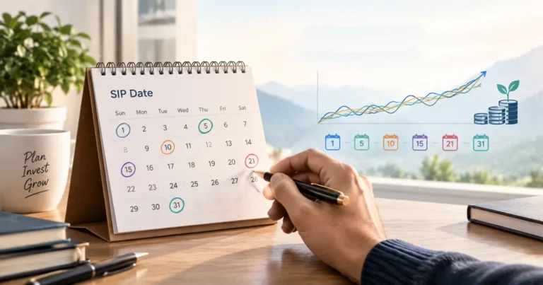 A calendar with multiple SIP dates highlighted - 1st, 5th, 10th, 15th, 21st and 31st - beside a long-term investment growth chart showing similar performance across different dates, illustrating that SIP date has little impact on long-term returns. The image emphasizes choosing a SIP date based on personal cash flow and maintaining investment discipline.